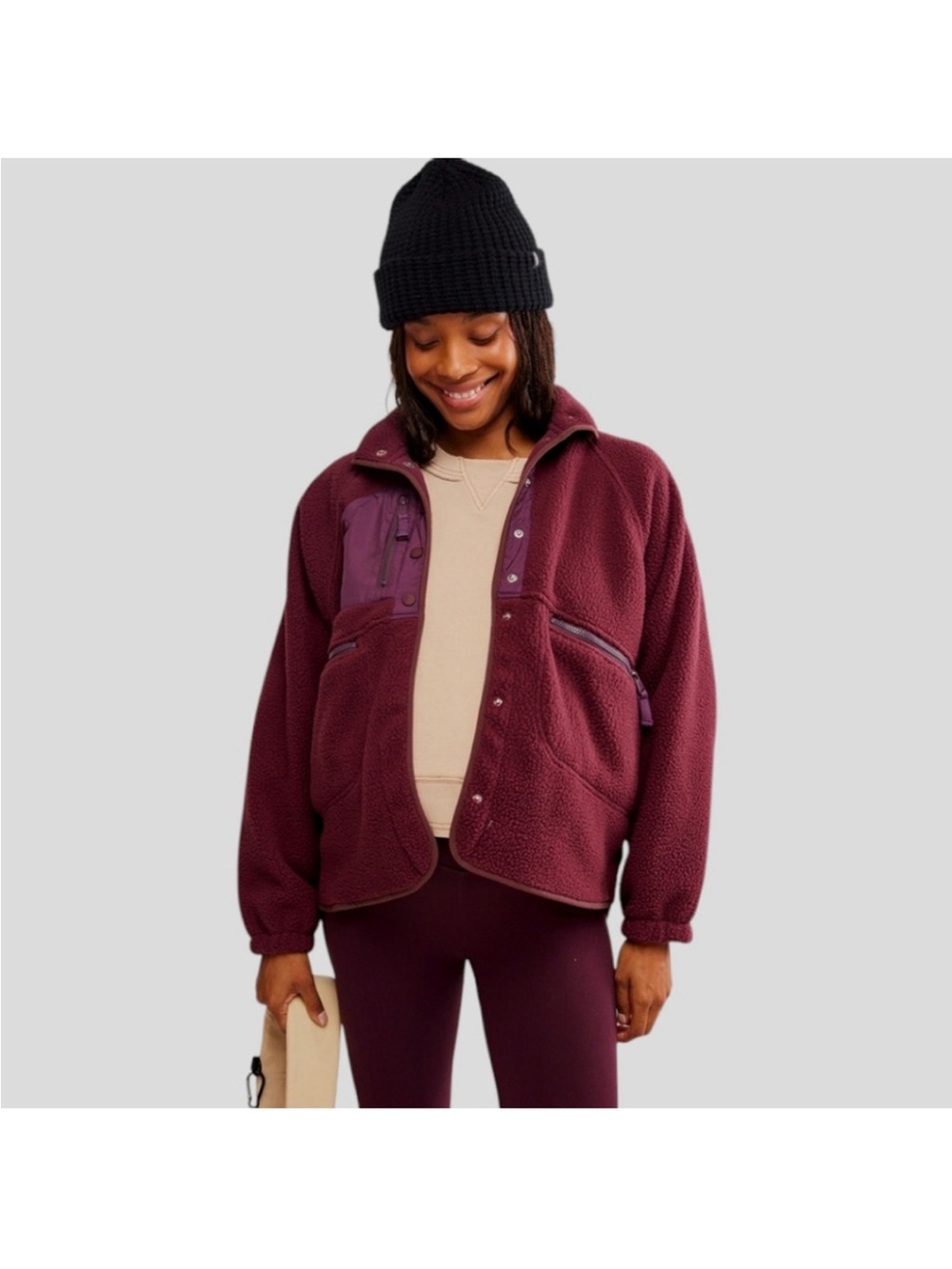 NEW Free People Maternity Hit The Slopes Sherpa Jacket in Deep Maroon X Hatch
